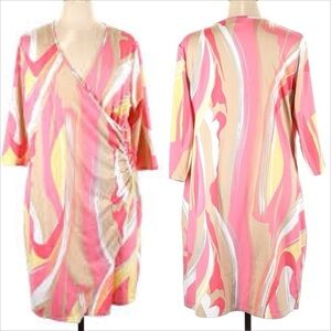 Peter Nygard pink and white abstract print jersey knit surplice‎ neck mini dress